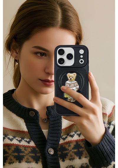 Zuckbear iPhone 17 Pro İçin Kılıf 3d Figürlü Pu Deri Yüzey Manyetik Şarj Destekli Kapak Aristo Lacivert