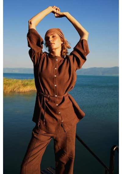 Defacto %100 Keten Regular Fit Bağcıklı Uzun Kollu Tesettür Gömlek Tunik D4394AX24HS Kahve