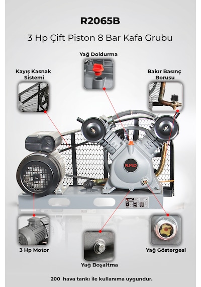 3 Hp Çift Piston 8 Bar Kafa Grubu Üır2065b
