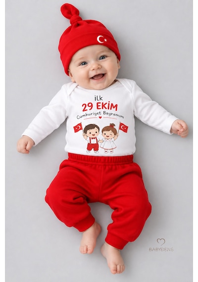 Babyden's İlk 29 Ekim Cumhuriyet Bayramım Baskılı 3'lü Bebek Takımı 100 Pamuk Uzun Kollu Çıtçıtlı Body Pantolon Bere Seti Beyaz - Kırmızı