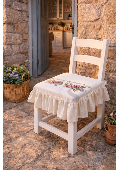 Romantik Ege Mor Gül Kanaviçe Nakışlı Fırfırlı Sandalye Minderi Çok Renkli