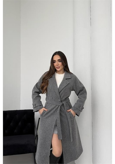 Neşeli Butik Kadın Antrasit Kuşaklı Reglan Kol Düğmeli Premium Kaşe Kaban Nbkbn01 Antrasit