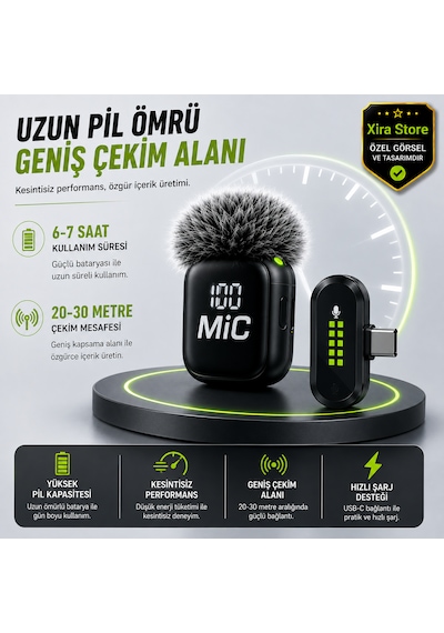 Bwc-09 Çiftli Kablosuz Yaka Mikrofonu Type-c Alıcılı Dijital Ekranlı Aı Gürültü Engelleme 20-30 Metre