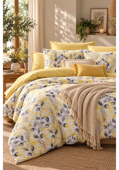 Lastikli Çarşaflı Çift Kişilik Nevresim Takımı Lemon Sarı Sarı Füme