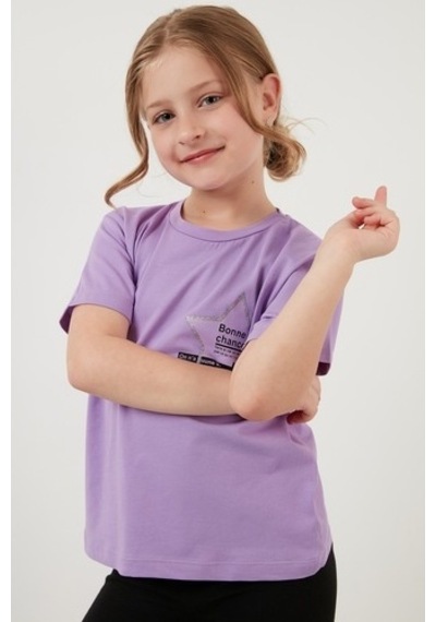 Lela Baskılı Bisiklet Yaka Pamuklu Kız Çocuk T Shirt 6211046 Lila