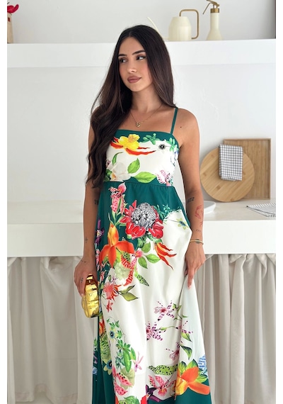 Asprin Fashion İthal Krep Kumaş Desenli Elbise Yeşil Yeşil