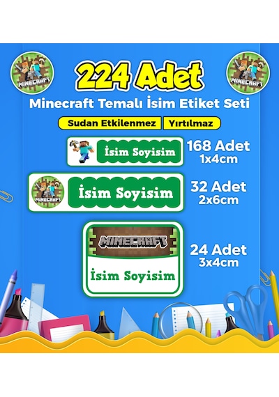 Okul Kreş Kişiye Özel İsim Etiket Seti Mine Craft Temalı - Model 13 Çok Renkli