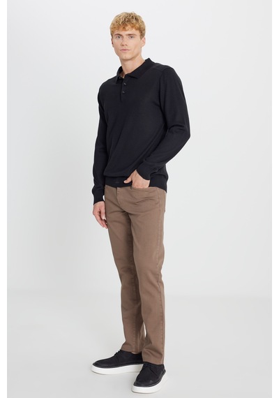 AC&Co / Altınyıldız Classics Erkek Sıyah Yünlü Standart Fit Normal Kesim Polo Yaka Triko Kazak SIYAH