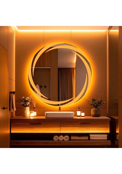 Whirilwind Amber Led'li Lazer Kumlamalı Lavabo & Banyo Aynası Dokunmatik Sensörlü 70 X 70 Turuncu