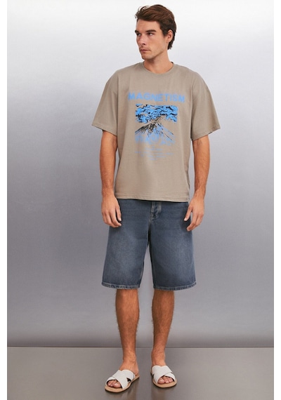 Grimelange Maddox Erkek %100 Organik Pamuklu Baskı Detaylı Kalın Dokulu Oversize Fit Vizon T-shirt