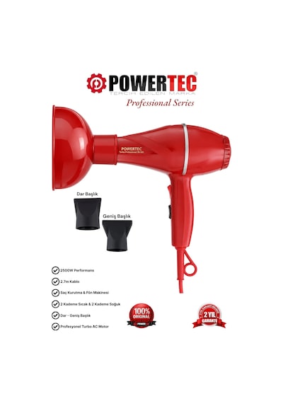 Powertec TR-501+Renkli Hacimlendirici Difüzör Başlıklı Profesyonel Saç Kurutma ve Fön Makinesi