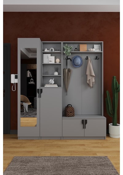 Lüks Aynalı Portmanto Askılı Vestiyer %100 Mdf Çok Raflı Ayakkabılık V03 Kül Gri