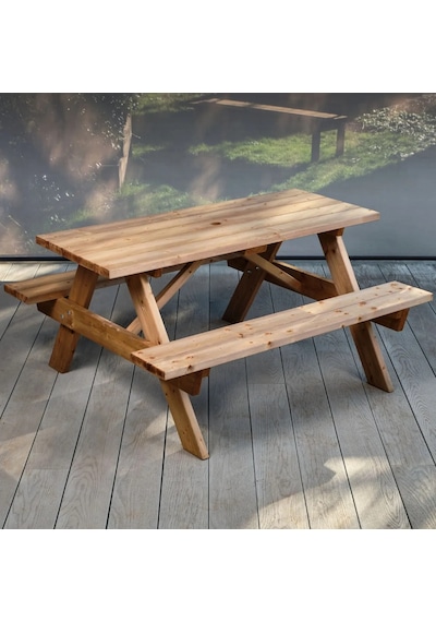 İahşap 6 Kişilik Ticari Tip Fırınlanmış Emprenyeli Ahşap Piknik Masası - 150 Cm Kahverengi