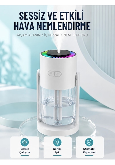 Mey İthalat Hava Nemlendirici Led Işıklı Sessiz Çalışan Otomatik Kapanmalı Masaüstü Nemlendirme Cih