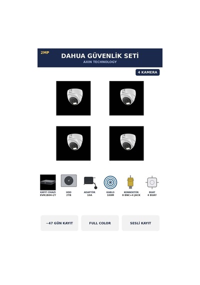 4 Kameralı 2mp Güvenlik Kamera Seti Gece Renkli Full Color Sesli Dome 2tb 47 Gün Kayıt