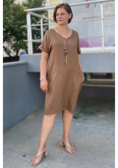 Mia Butik Büyük Beden Kahve Kolye Hediyeli Salaş Elbise Kahve