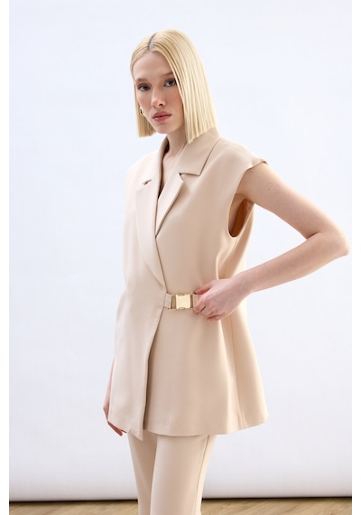 Sateen Yan Kemerli Uzun Yelek - Bej-136860 Bej
