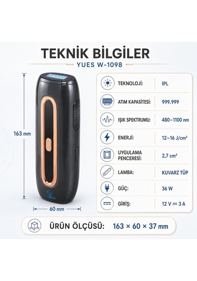 W-1098 Ipl Lazer Epilasyon Cihazı, Safir Buz Soğutmalı Başlık, 999.999 Atım, Otomatik Ve Manuel Flaş, Kırmızı Led Işık Modu, Gözlük Ve Adaptör, Antrasit