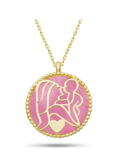 Gumush Gümüş Gold Pembe Sedef Taşlı Anne Çocuk Sevgisi Kolye Altın
