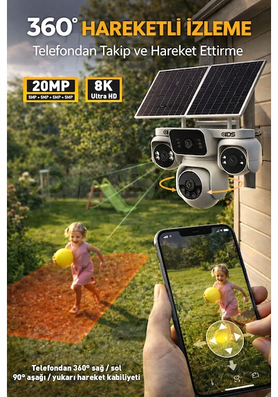 20mp 4 Kamera 360 Görüş 4g Güneş Enerjili Sim Kartlı Güvenlik Kamerası - Kişi Takibi - 128gb Sd Kart