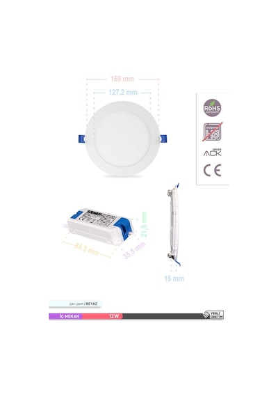 Ack Sıva Altı Yuvarlak Led Panel Armatür Beyaz Gövde 6500k Beyaz Işık 12w