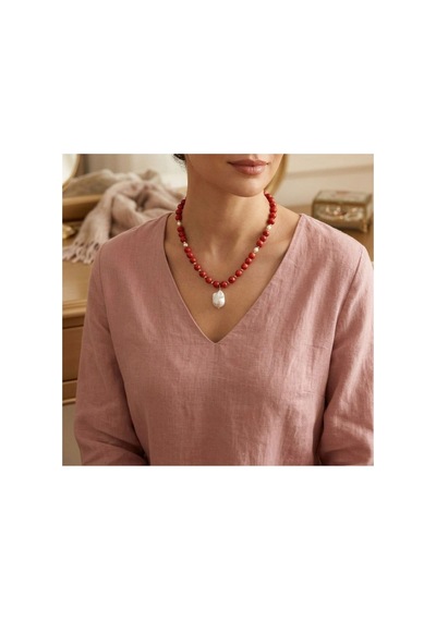 Leyan Doğal Taş İnci Detaylı Mercan Tasarım Kolye Kırmızı Kırmızı