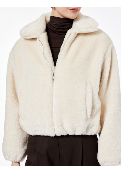 Koton Uzun Kollu Cepli Fermuarlı Crop Peluş Bomber Ceket Ekru 6wak00130ew Ekru