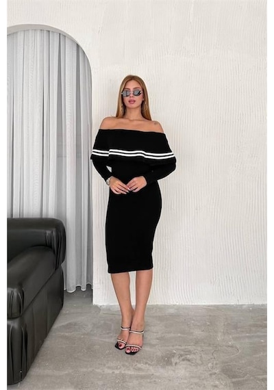 Dip Moda Kadın Carmen Yaka Çizgi Detaylı Triko Elbise Dpnbk2192 Siyah