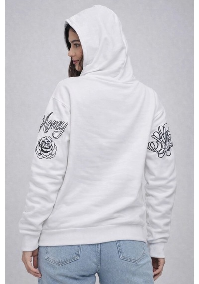 Primemagazam Kadın 3 İplik Pamuklu Kapüşonlu Baskılı Sweatshirt Hoodie - Beyaz Çeşitli