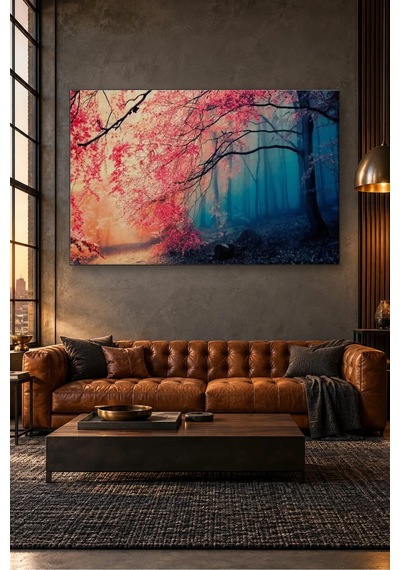 Fida Sisli Mavi Ormanda Kırmızı Yapraklı Ağaç Canvas Tablo Çok Renkli