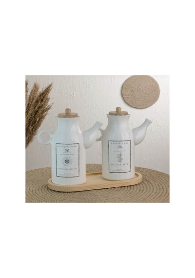 Bambu Standlı Etiketli 2 Li Porselen 1000ml Papatya Yağdanlık Set Yağlık Sirkelik Takım Beyaz Beyaz