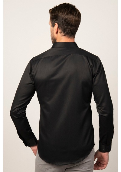 Tudors Slim Fit Uzun Kollu Armürlü Erkek Siyah Gömlek-25756 Siyah