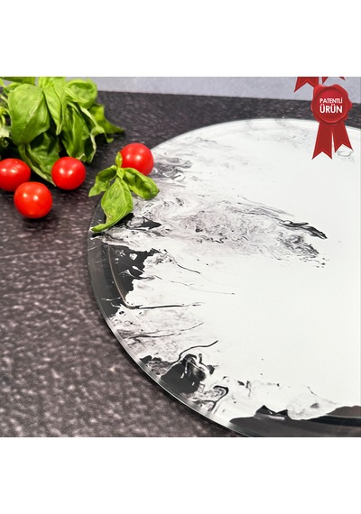 Kanallı Cam Kesme Tahtası - Black Wave - Çap32cm-patentli Ürün