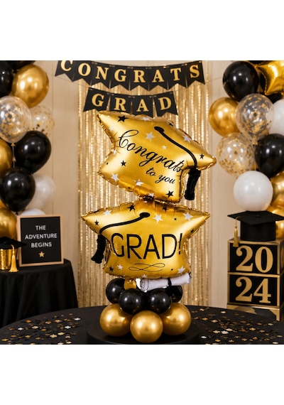 Folyo Balon Mezuniyet Partisi Gold Altın Çift Katlı Grad Yazılı Kepli Parti Süsü Dekoru 13+