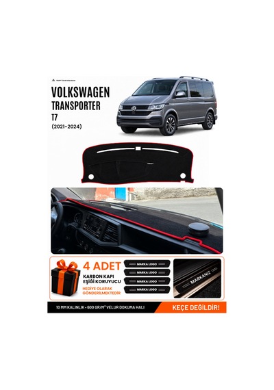 Volkswagen Transporter T7 2021-2024 Uyumlu Torpido Örtüsü, Torpido Kılıfı - Siyah Kırmızı