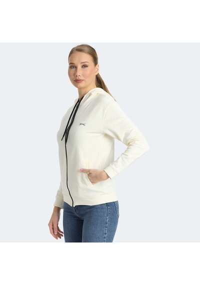 Slazenger KINET Kadın Fermuarlı Kapüşonlu Cepli Ekru Sweatshirt