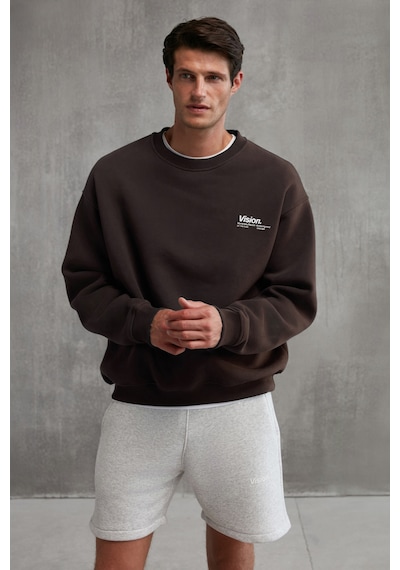 Grimelange Ernest Erkek Organik Pamuklu Yumuşacık Baskı Detaylı Bisiklet Yaka İçi Polarlı Kahverengi Sweatshirt