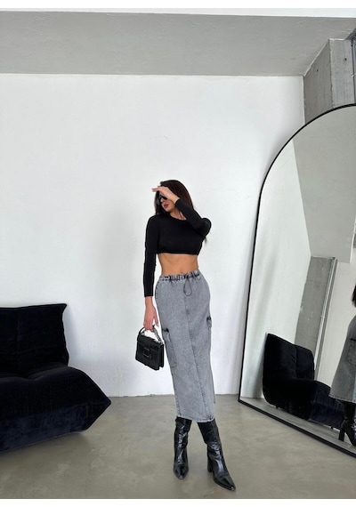 Zeo Basic Kargo Cepli Bel Lastikli Maxi Denim Etek Füme Füme Kar
