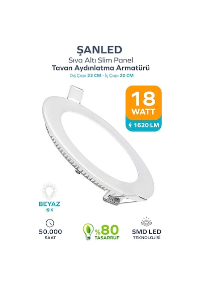 18w Tasarruflu Led Yuvarlak Beyaz/gün Işık Sıva Altı Slim Panel Tavan Aydınlatma Armatürü Beyaz-1 Adet Diğer