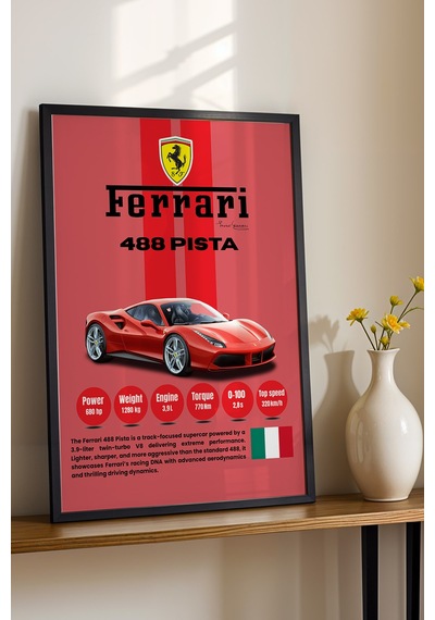 Ferrari 488 Pista Premium Spor Araba Tablosu - Teknik Özellikli İtalyan Otomobil Duvar Dekoru Siyah