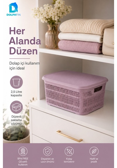 Jute Kapaklı Saklama Kutusu 2,5 L Plastik Mutfak Kiler Dolap İçi Organizer Mor