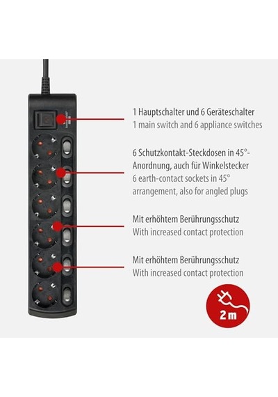 Anahtarlı 6 Soketli Güç Şeridi Priz 2 Metre Siyah 0