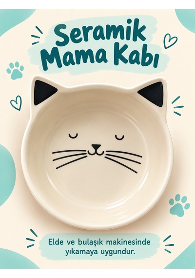 Kedi Yüzü Desenli Seramik Mama Ve Su Kabı Kedi Kulaklı