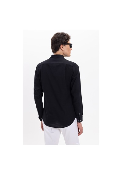 Tudors Erkek Slim Fit Dar Kesim %100 Pamuk Keten Doku Düğmeli Yaka Siyah Gömlek-26926