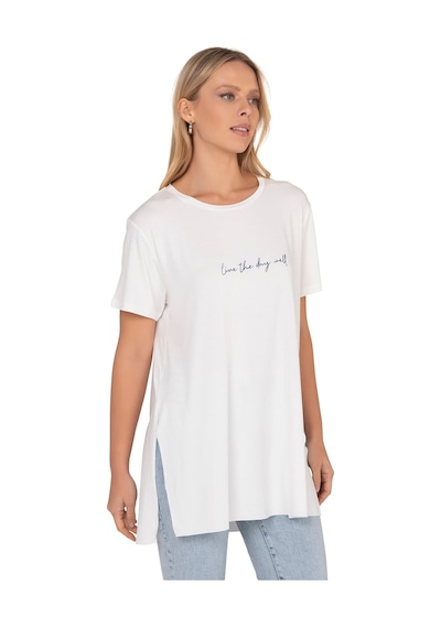 Kadın Oversize Basic Minimal Yazı Detaylı Bluz Ekru 27082 Ekru