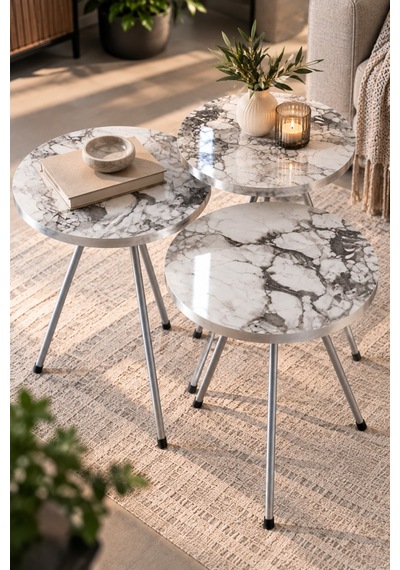 Sulorahome Gümüş Metal Ayaklı Mermer Desenli 3'lü Zigon Sehpa Takımı Beyaz - Ceviz