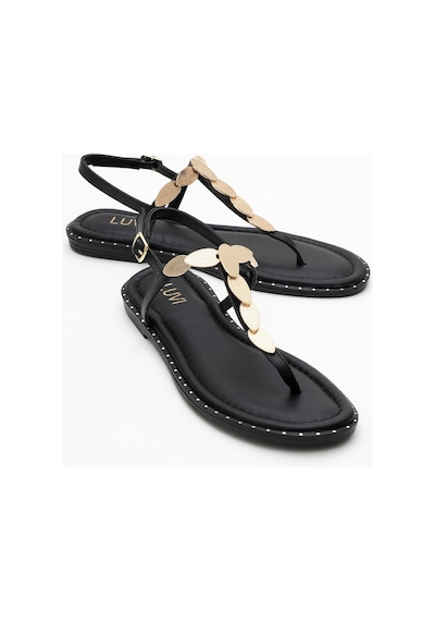 Luvishoes Luvi Shoes Marea Siyah Hakiki Deri Parmak Arası Gold Tokalı Kadın Sandalet Siyah