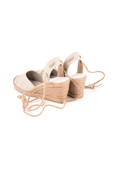 Star Tombis Gerçek Elişi Bilekten Bağcıklı Topuğu Açık Dolgu Topuk Keten Hasır Kadın Espadril Handmade Bej