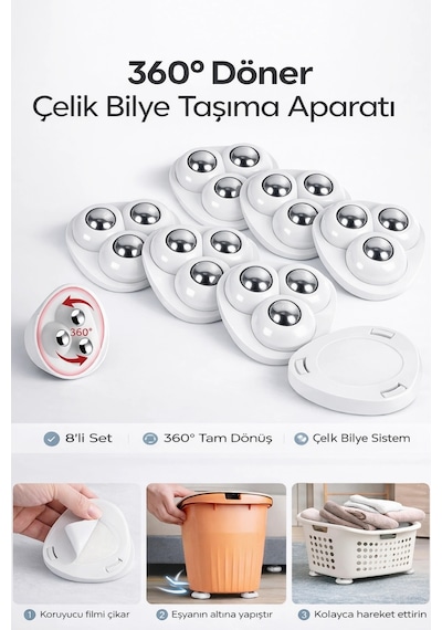 8 Adet 360 Derece Döner Çelik Bilye Tekerlekli Eşya Yük Taşıma Yapışkanlı Eşya Kaydırma Aparatı Set Diğer