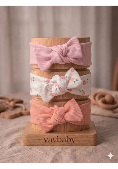 Kız Bebek 3 Lü Ribana Fiyonklu Bandana Seti - Somon